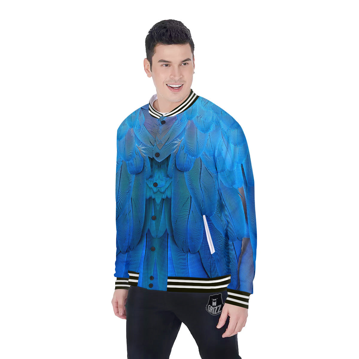 Feather Blue Print Baseball Jacket-grizzshop