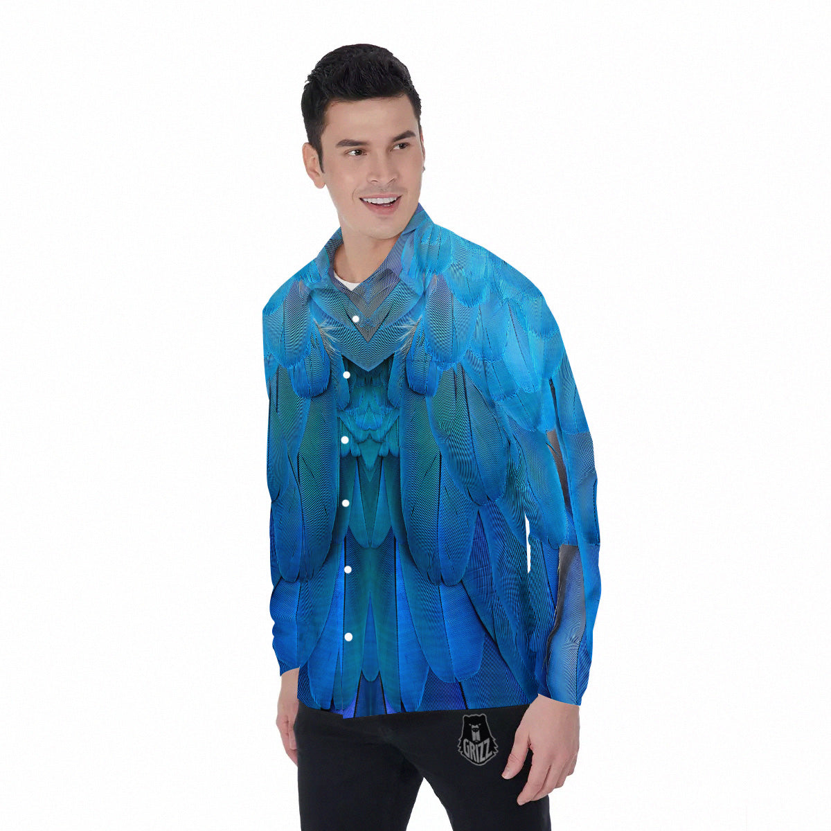 Feather Blue Print Men's Long Sleeve Shirts-grizzshop