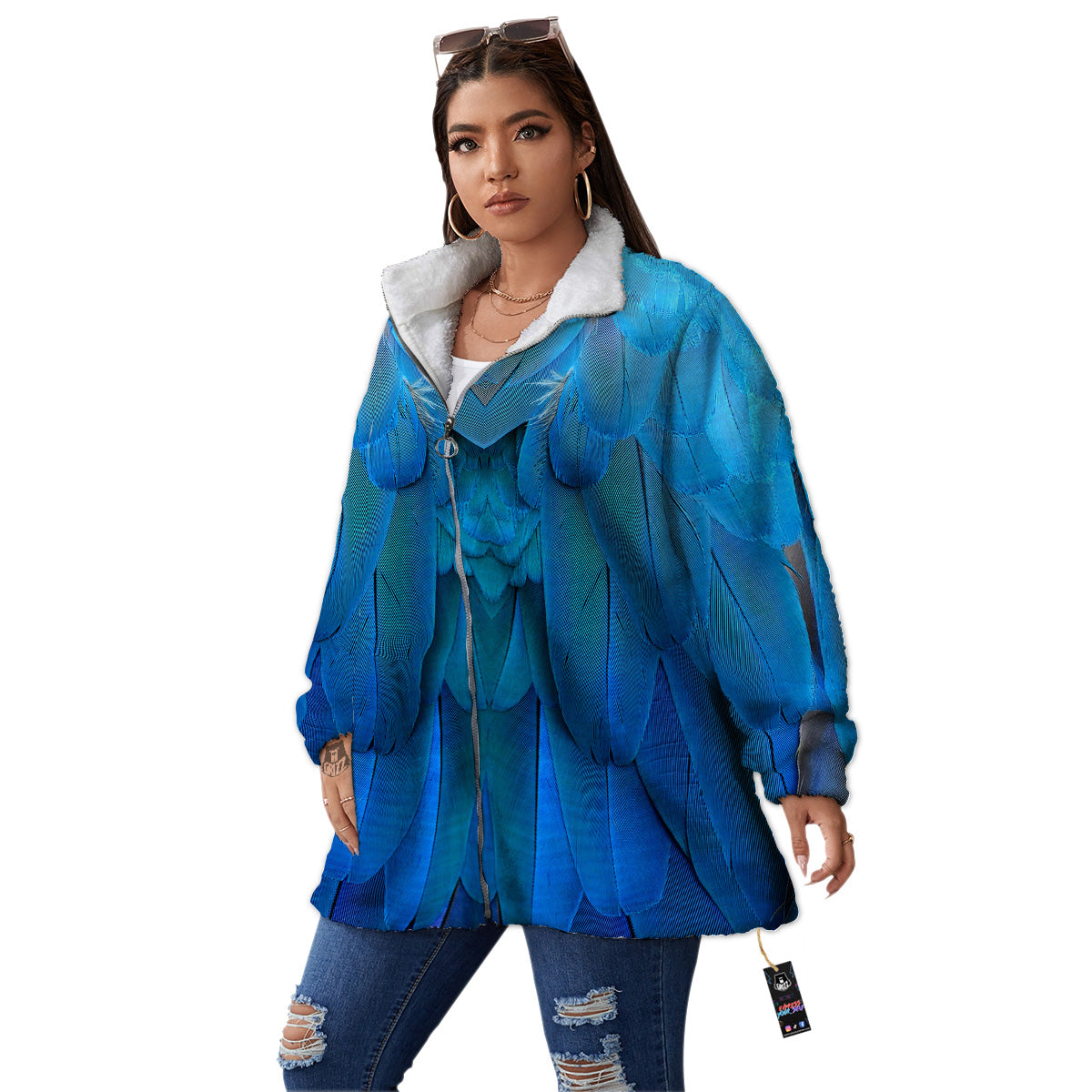 Feather Blue Print Women's Sherpa Jacket-grizzshop