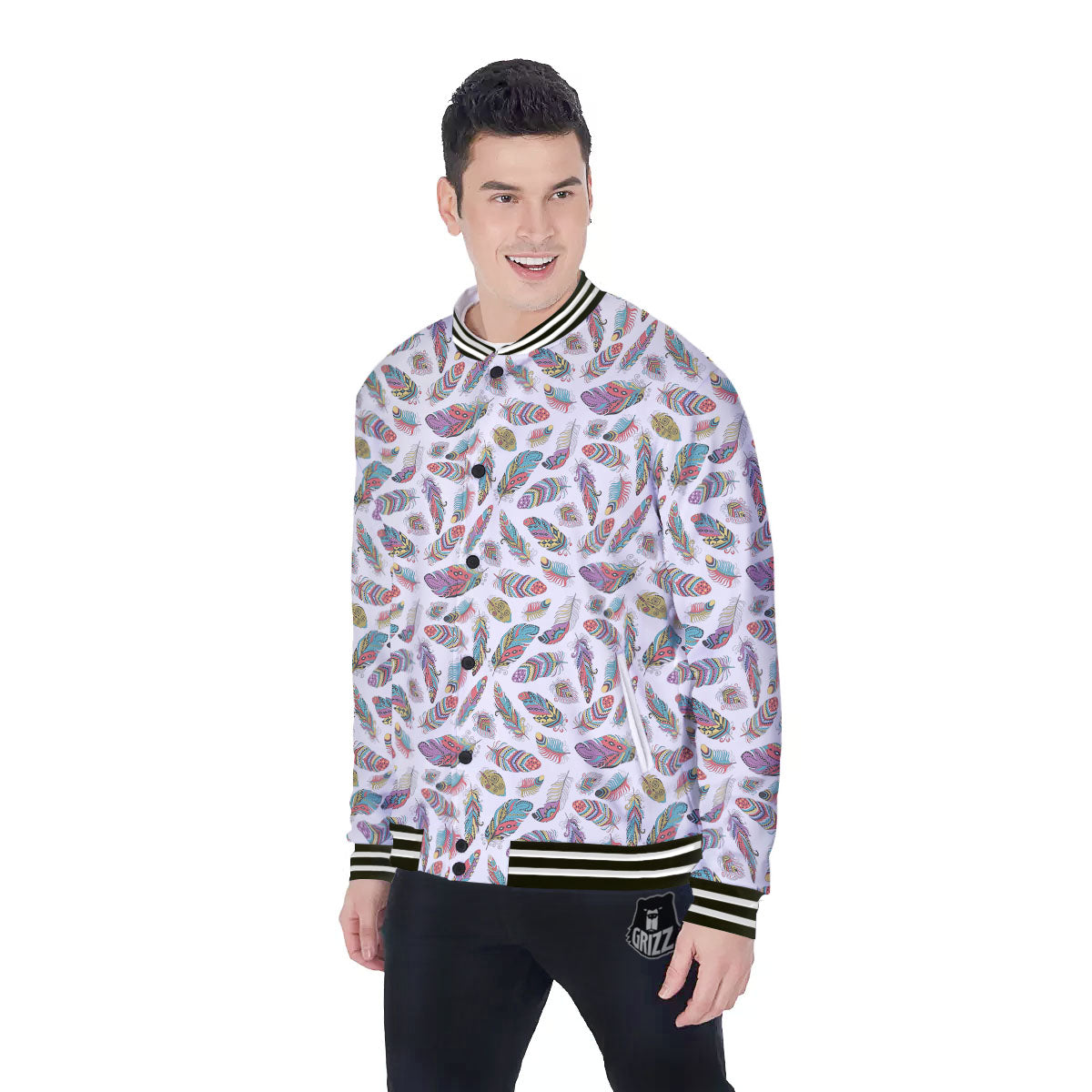 Feather Bohemian Print Pattern Baseball Jacket-grizzshop