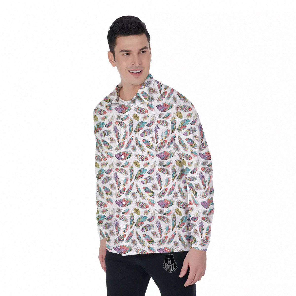 Feather Bohemian Print Pattern Men's Long Sleeve Shirts-grizzshop