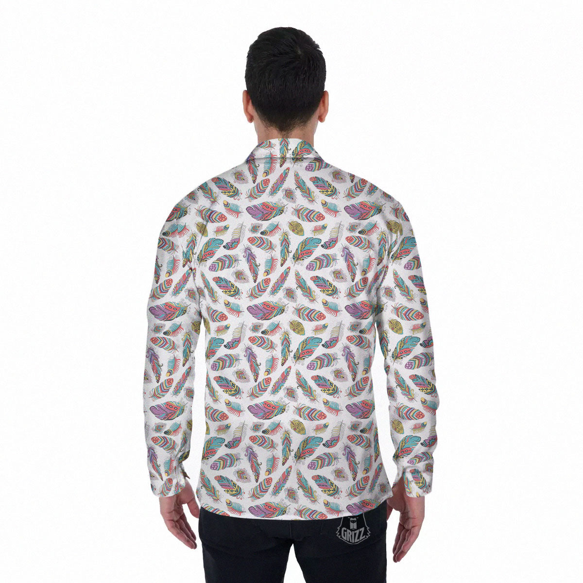 Feather Bohemian Print Pattern Men's Long Sleeve Shirts-grizzshop
