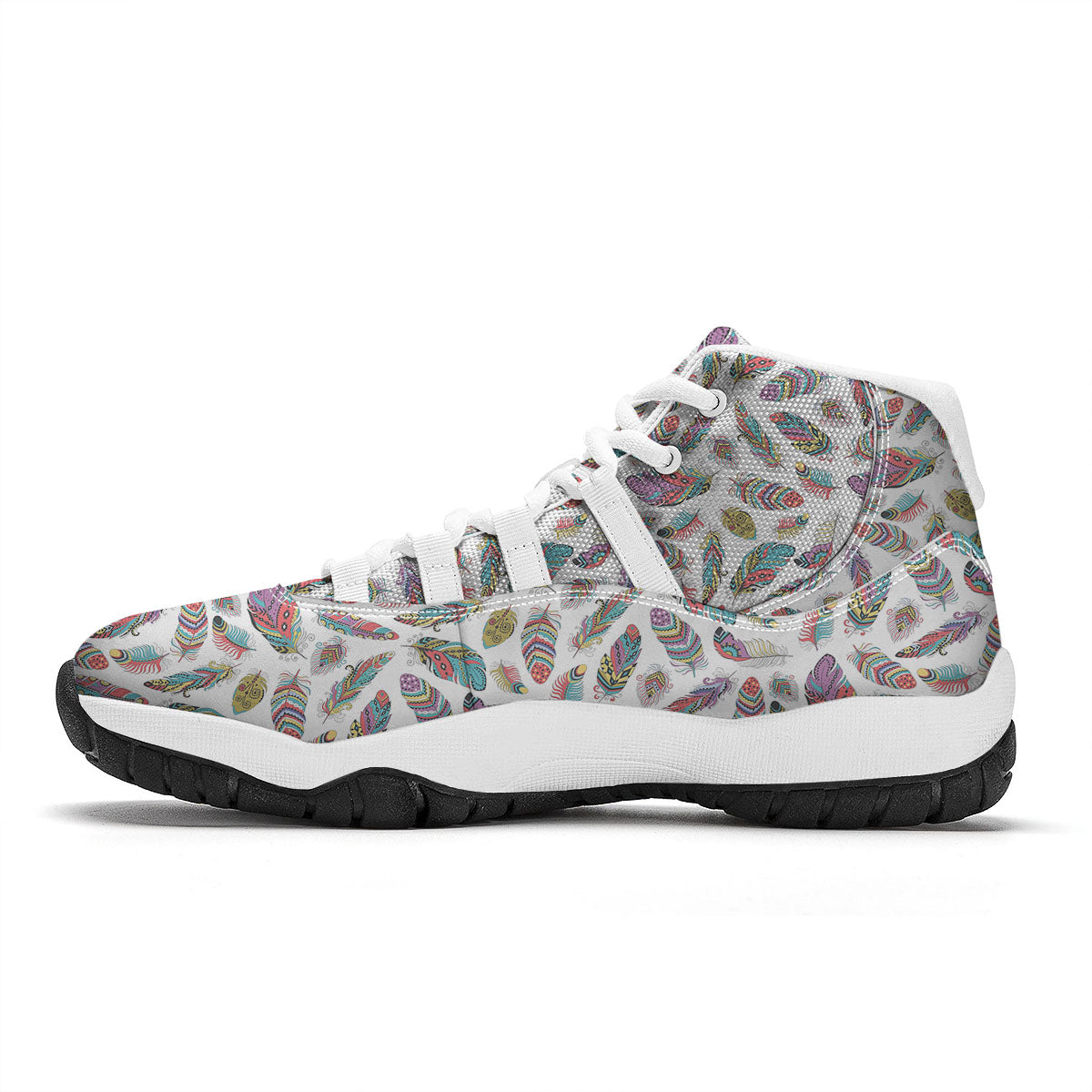 Feather Bohemian Print Pattern White Bball Shoes-grizzshop