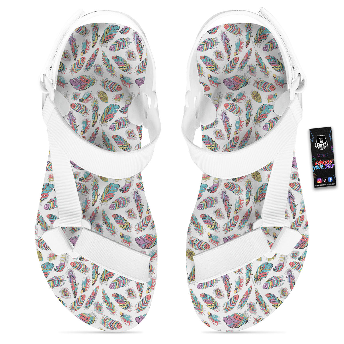 Feather Bohemian Print Pattern White Open Toe Sandals-grizzshop