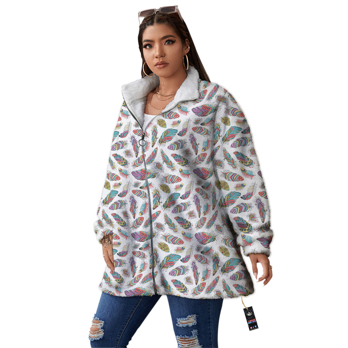 Feather Bohemian Print Pattern Women's Sherpa Jacket-grizzshop