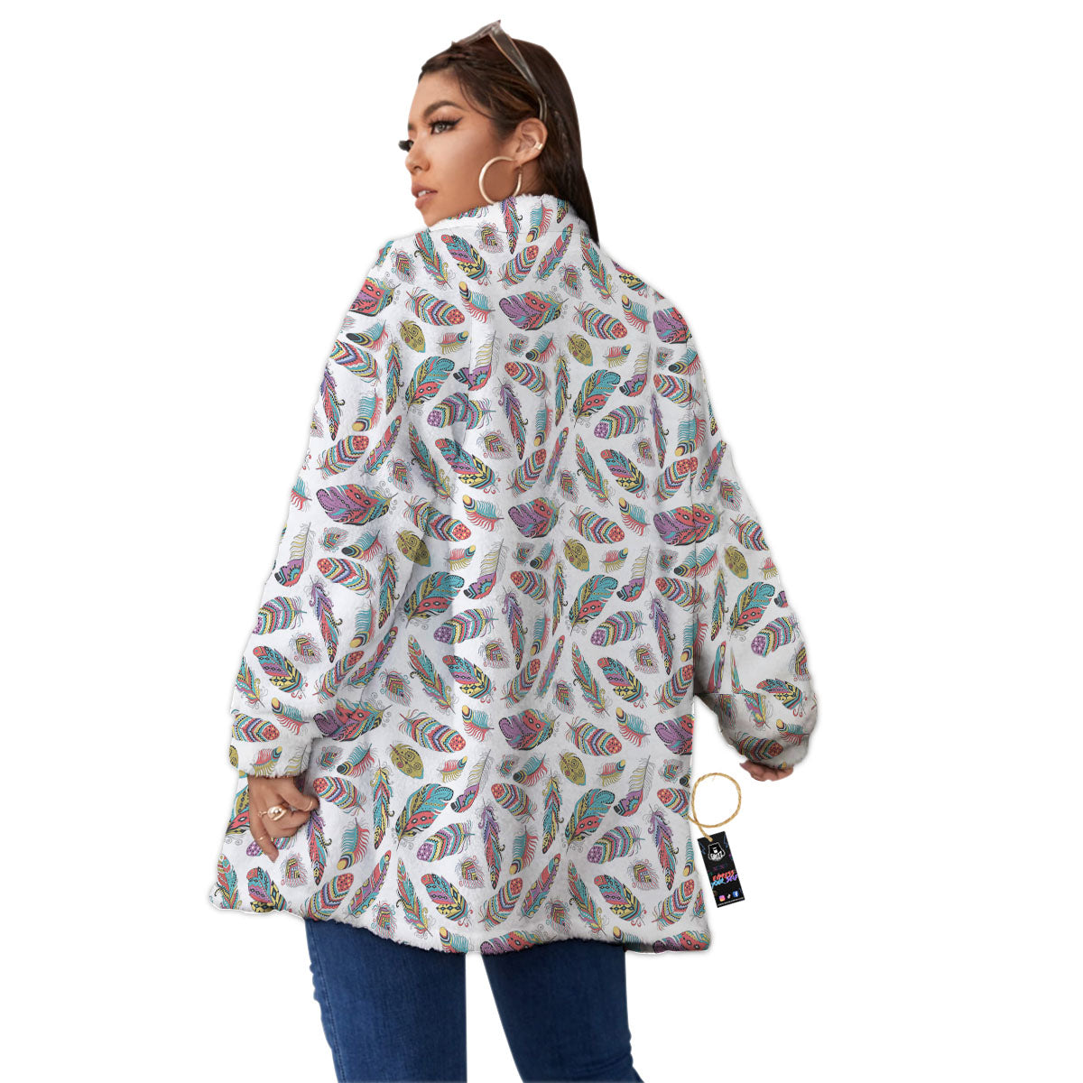 Feather Bohemian Print Pattern Women's Sherpa Jacket-grizzshop