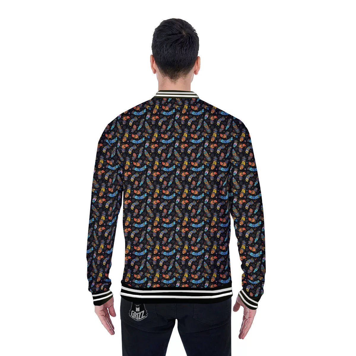 Feather Boho Print Pattern Baseball Jacket-grizzshop