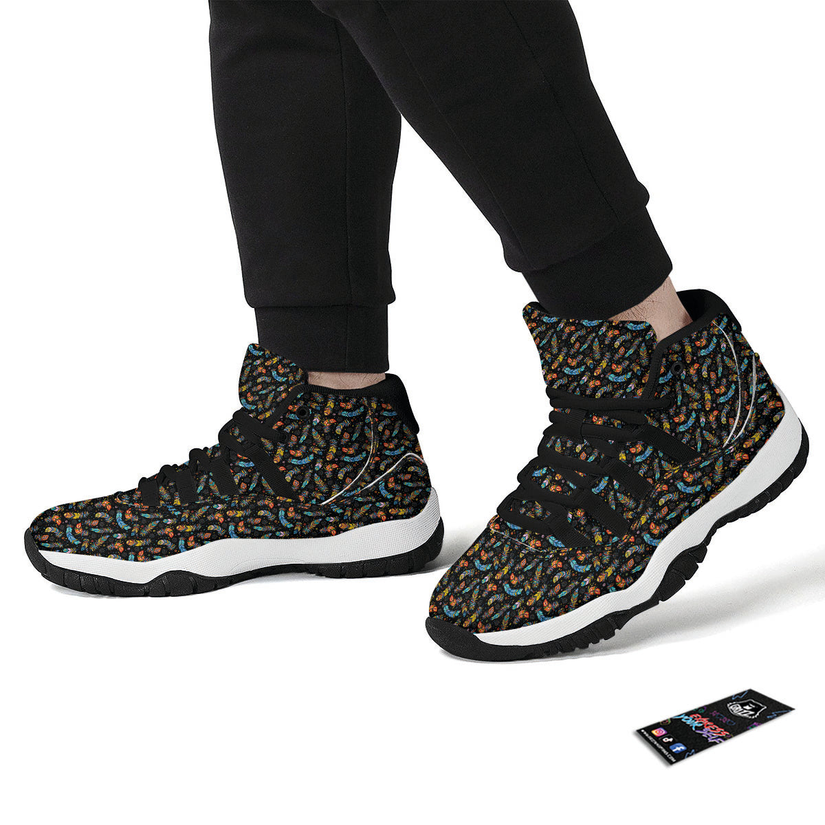 Feather Boho Print Pattern Black Bball Shoes-grizzshop