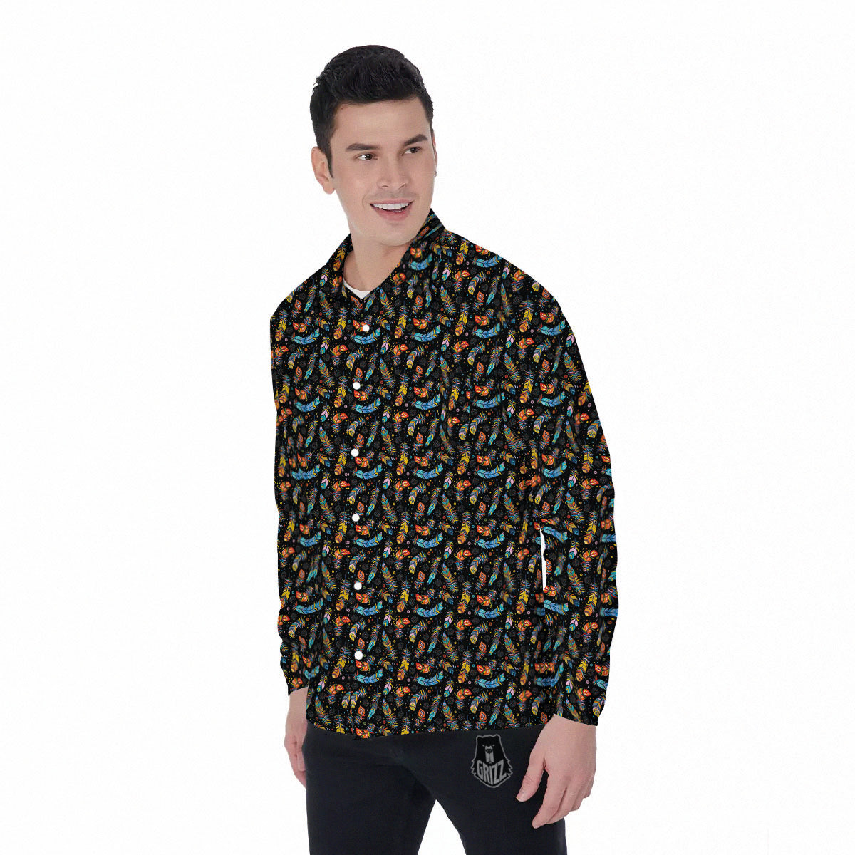 Feather Boho Print Pattern Men's Long Sleeve Shirts-grizzshop