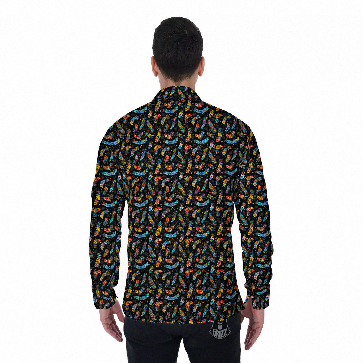 Feather Boho Print Pattern Men's Long Sleeve Shirts-grizzshop
