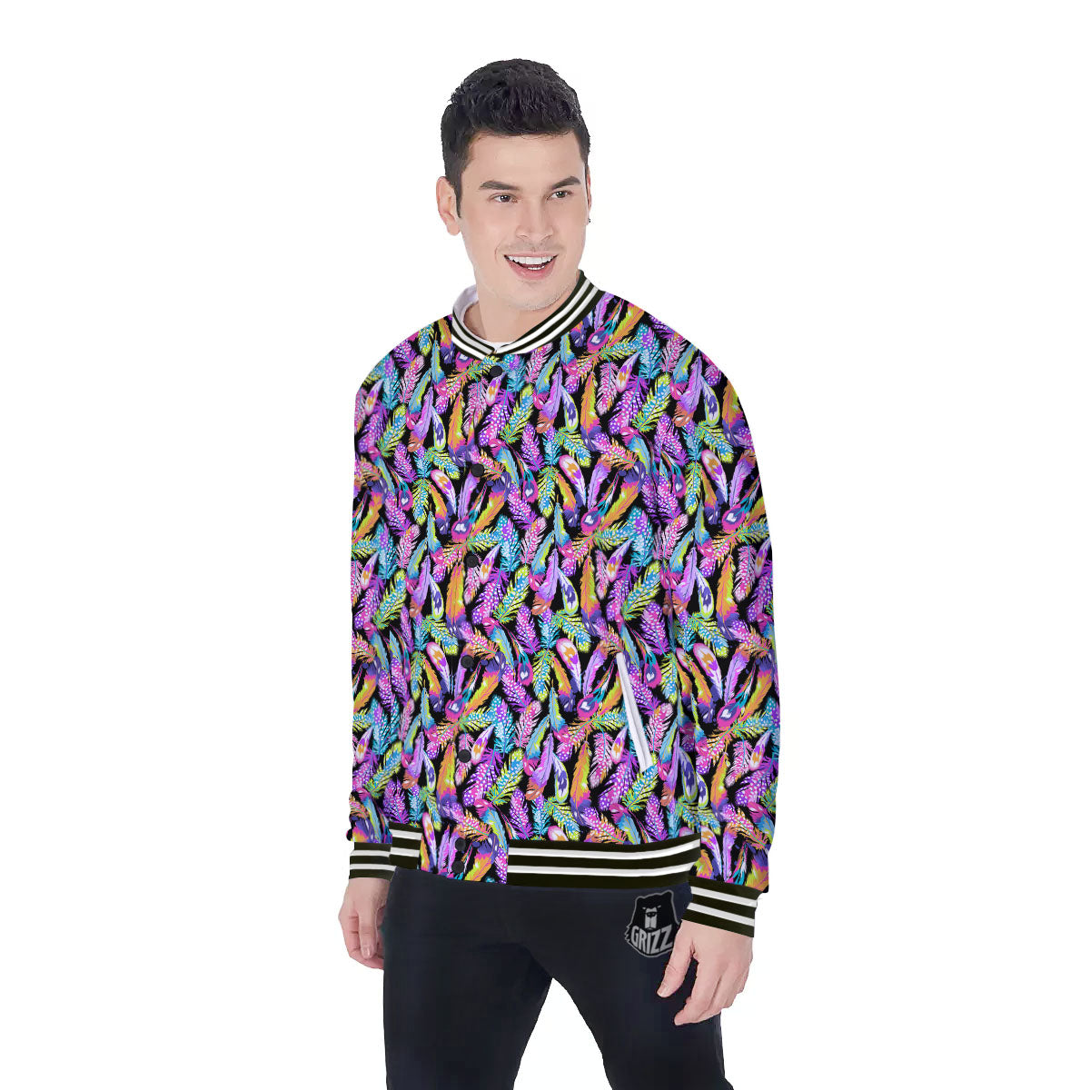 Feather Colorful Print Pattern Baseball Jacket-grizzshop