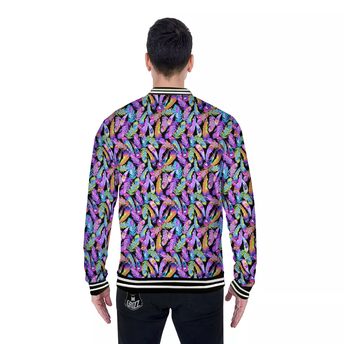 Feather Colorful Print Pattern Baseball Jacket-grizzshop