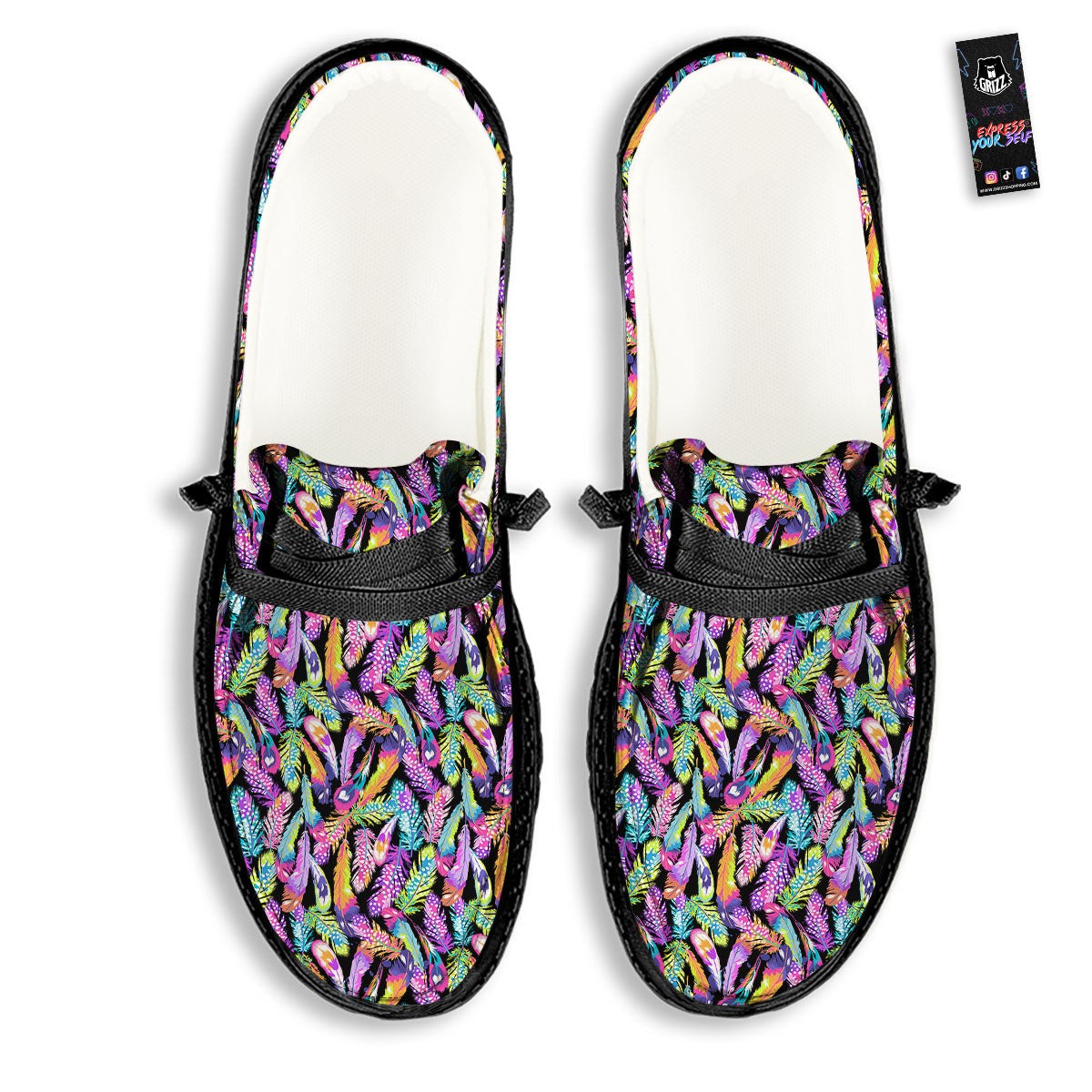 Feather Colorful Print Pattern Black Loafers-grizzshop