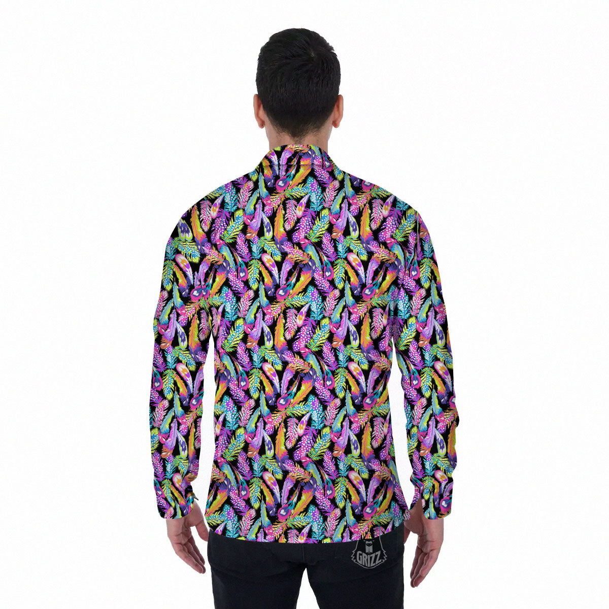 Feather Colorful Print Pattern Men's Long Sleeve Shirts-grizzshop