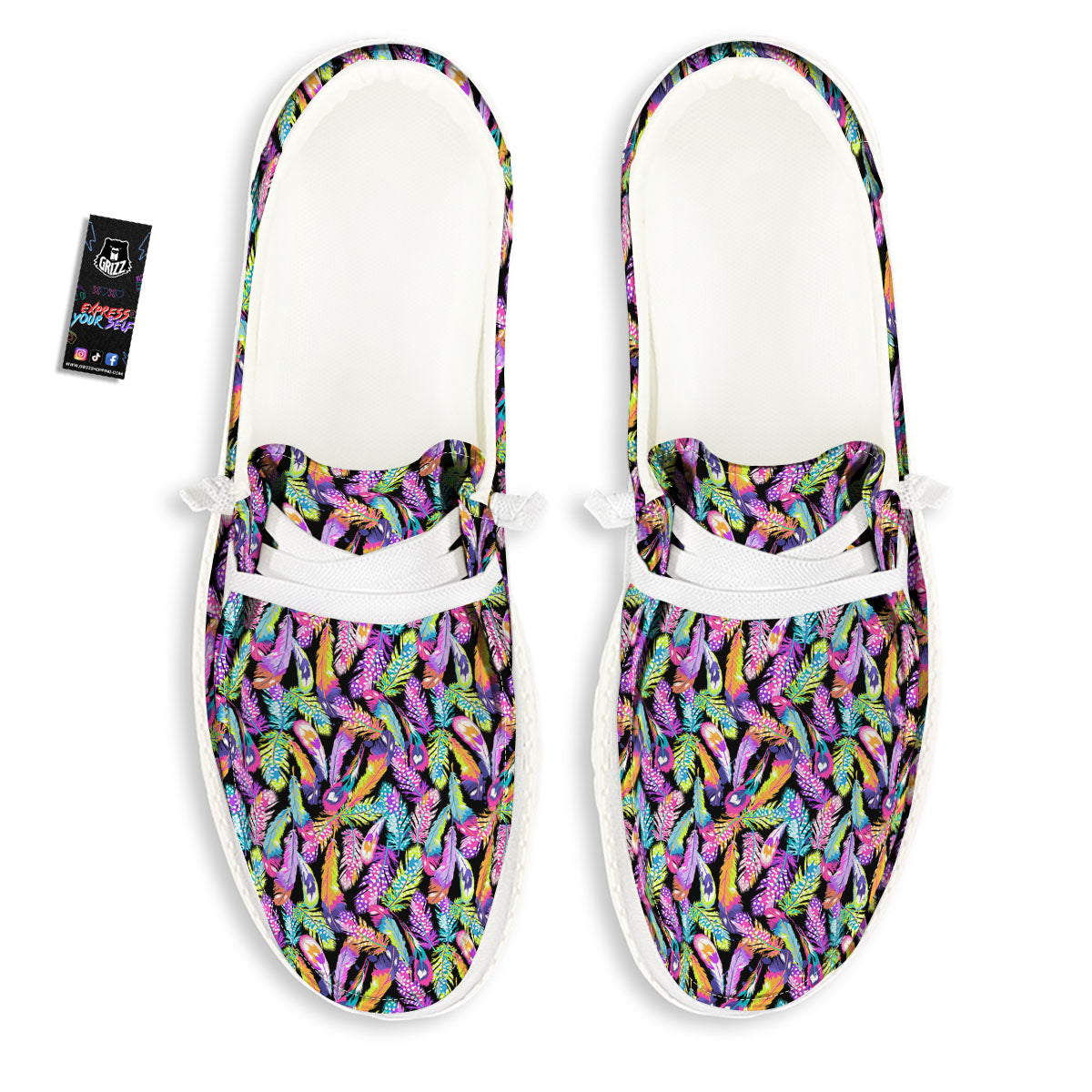 Feather Colorful Print Pattern White Loafers-grizzshop