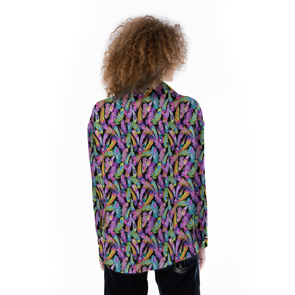 Feather Colorful Print Pattern Women's Long Sleeve Shirts-grizzshop