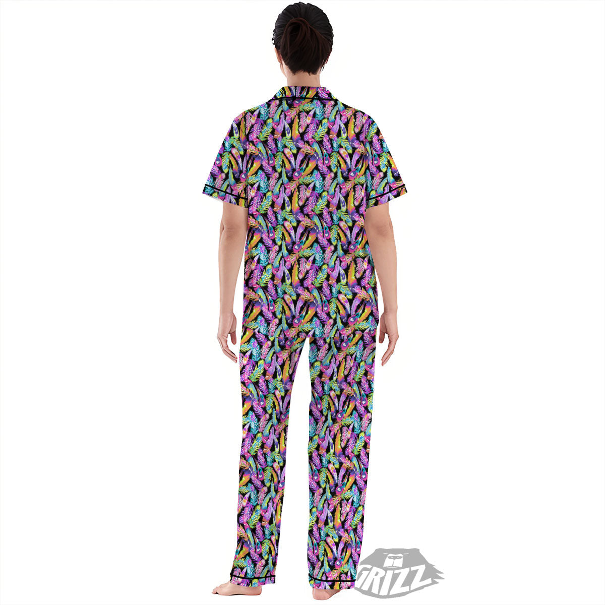 Feather Colorful Print Pattern Women's Pajamas Set-grizzshop