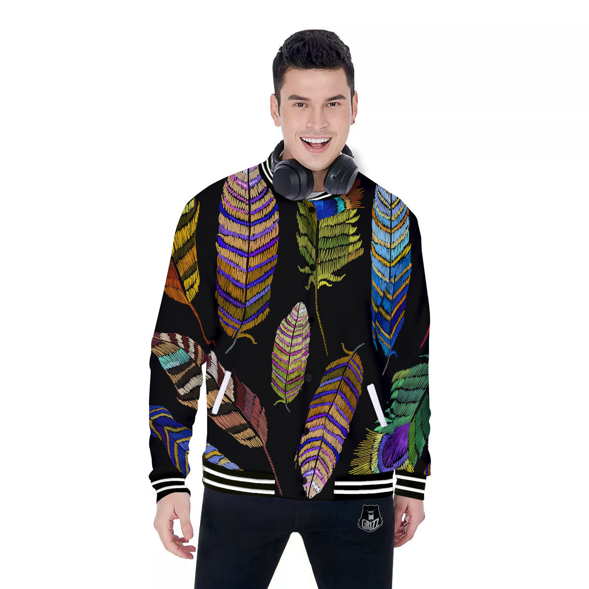 Feather Embroidery Peacock Print Baseball Jacket-grizzshop