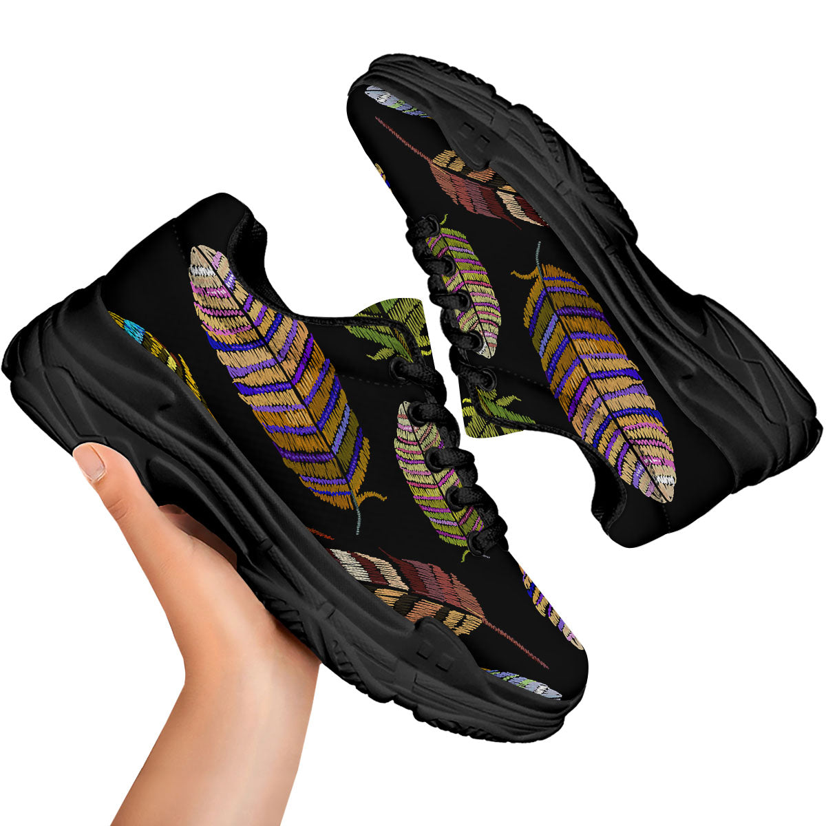 Feather Embroidery Peacock Print Black Chunky Shoes-grizzshop