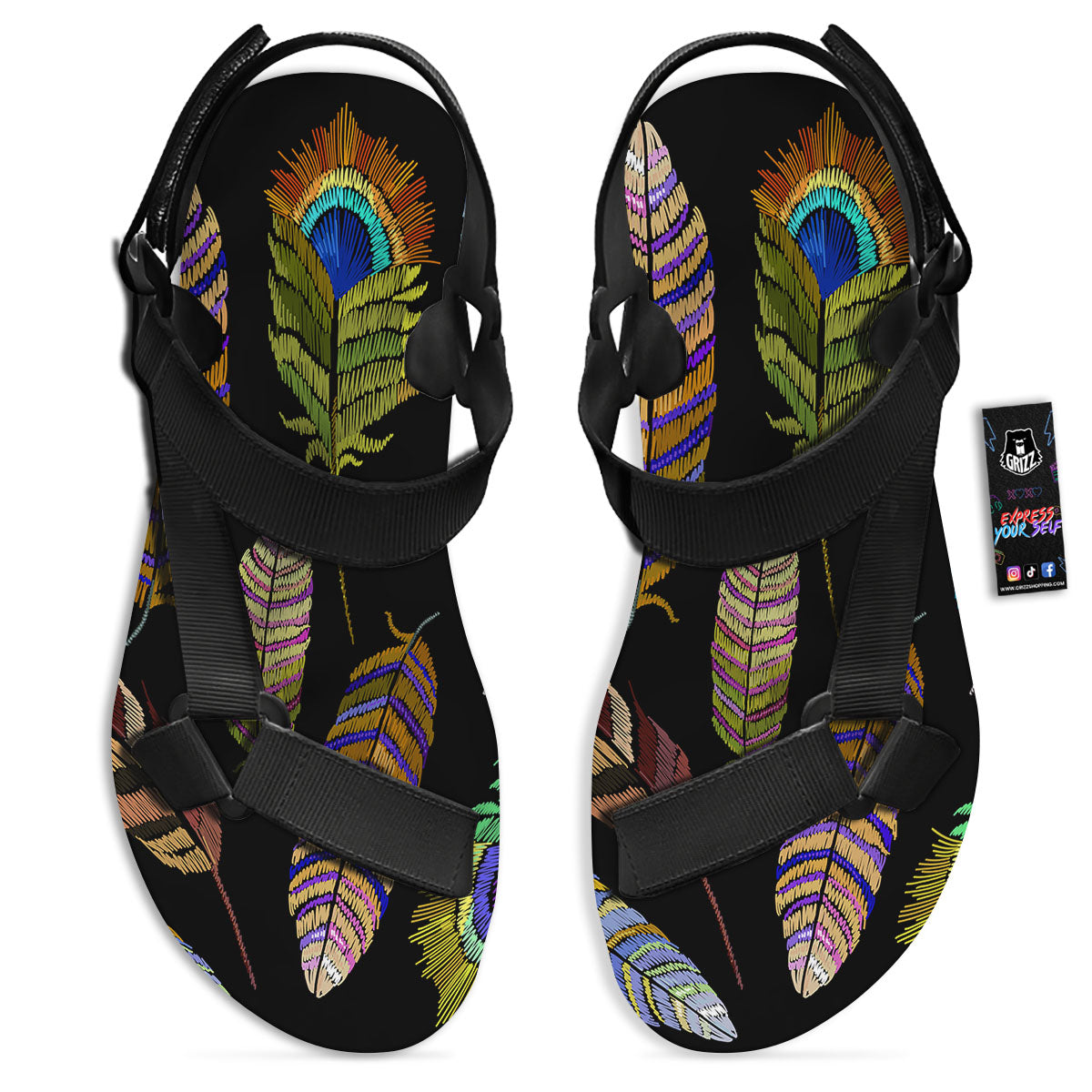 Feather Embroidery Peacock Print Black Open Toe Sandals-grizzshop