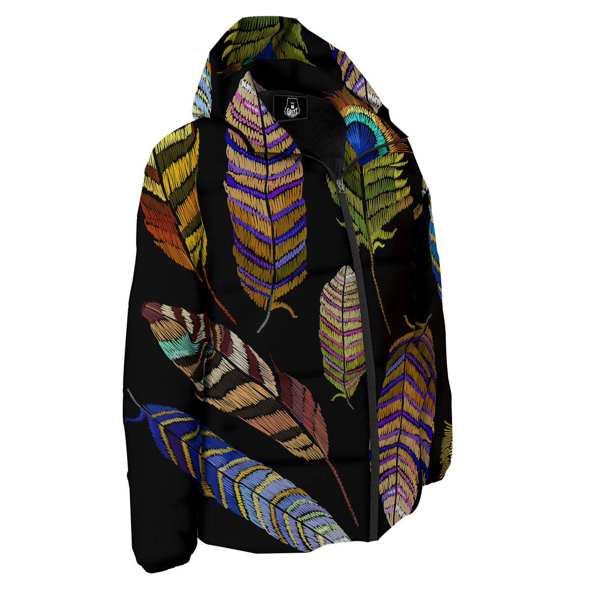 Feather Embroidery Peacock Print Down Jacket-grizzshop