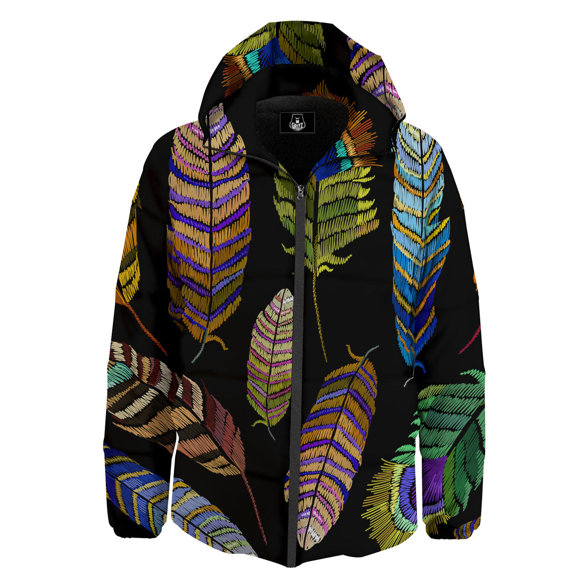Feather Embroidery Peacock Print Down Jacket-grizzshop