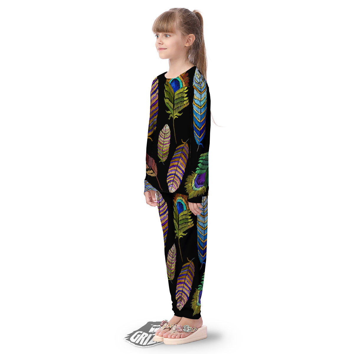 Feather Embroidery Peacock Print Kid's Pajamas-grizzshop