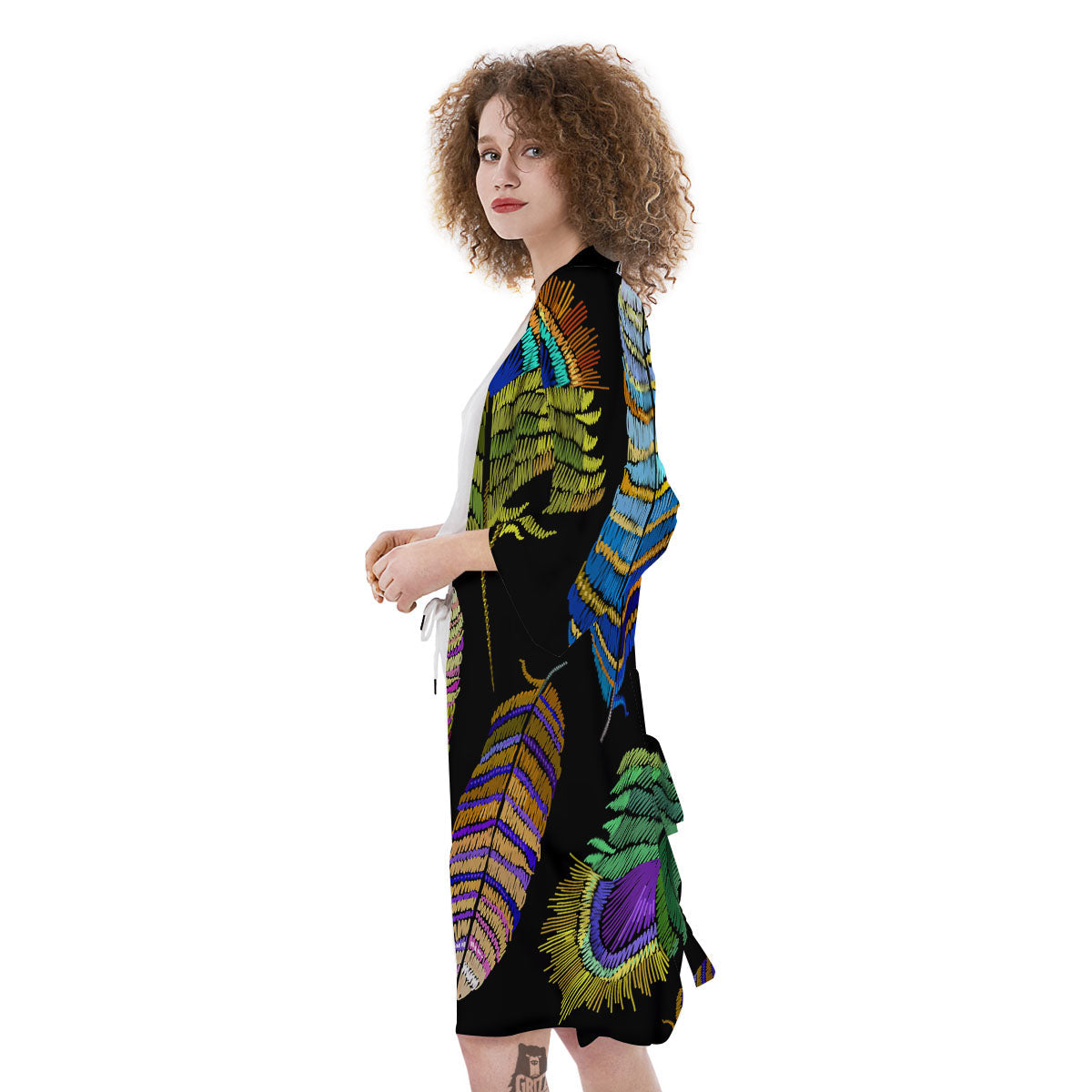 Feather Embroidery Peacock Print Kimono-grizzshop