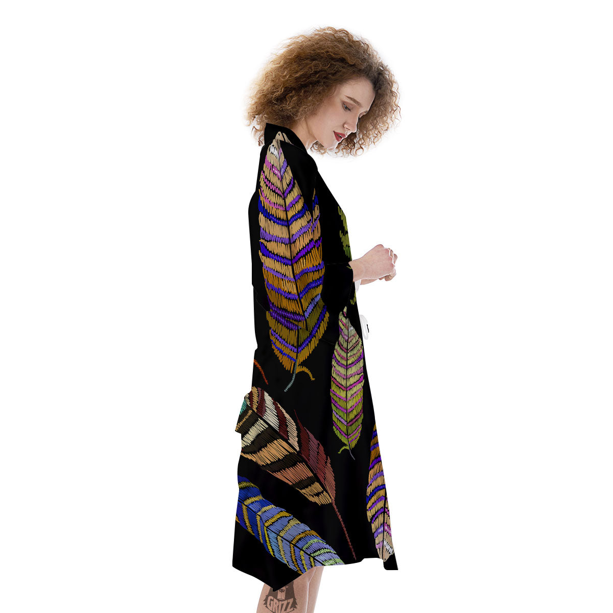 Feather Embroidery Peacock Print Kimono-grizzshop