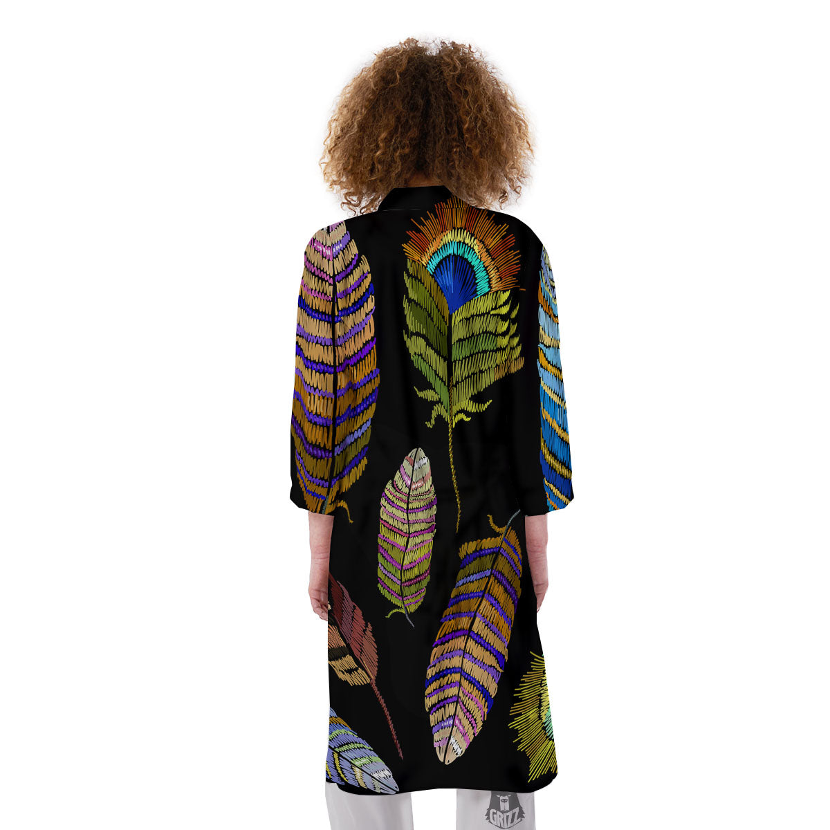 Feather Embroidery Peacock Print Kimono-grizzshop