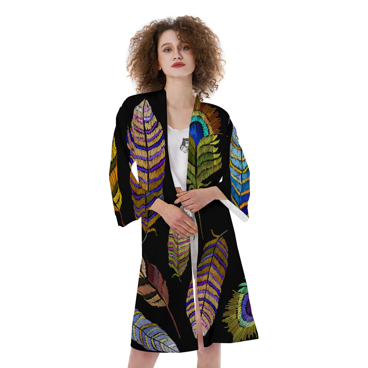 Feather Embroidery Peacock Print Kimono-grizzshop