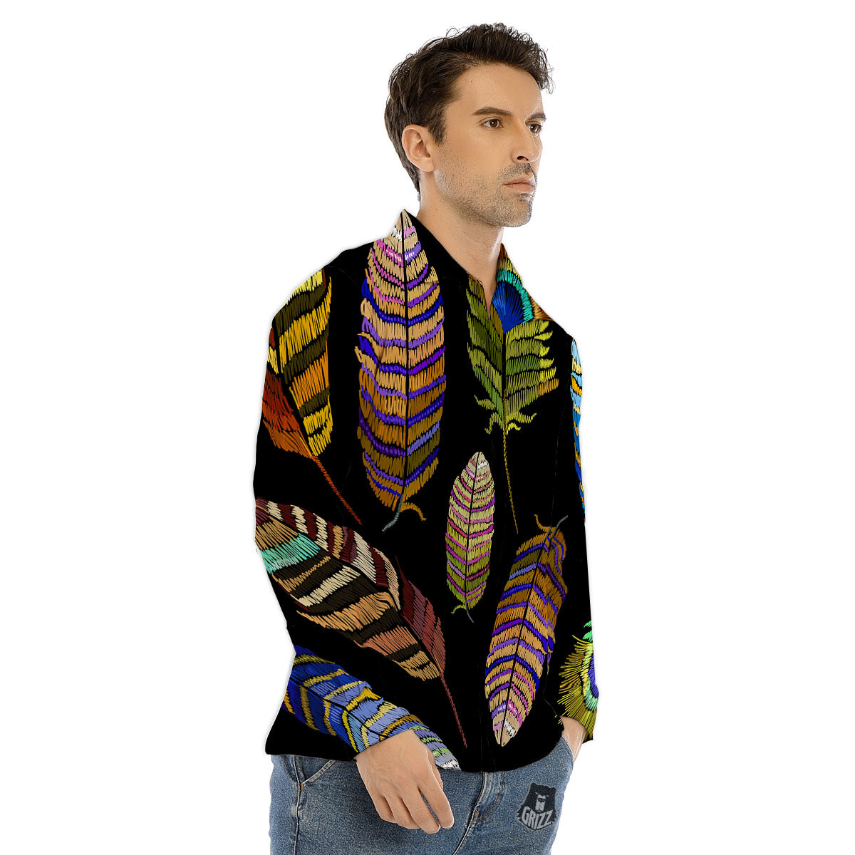 Feather Embroidery Peacock Print Men's Dress Shirts-grizzshop