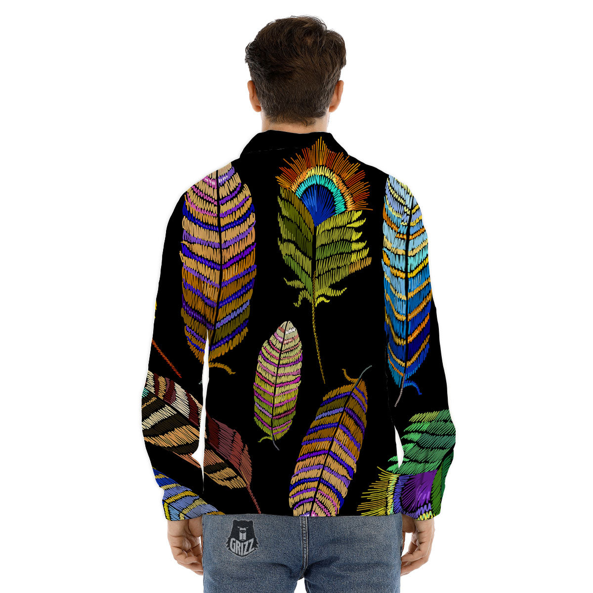Feather Embroidery Peacock Print Men's Dress Shirts-grizzshop