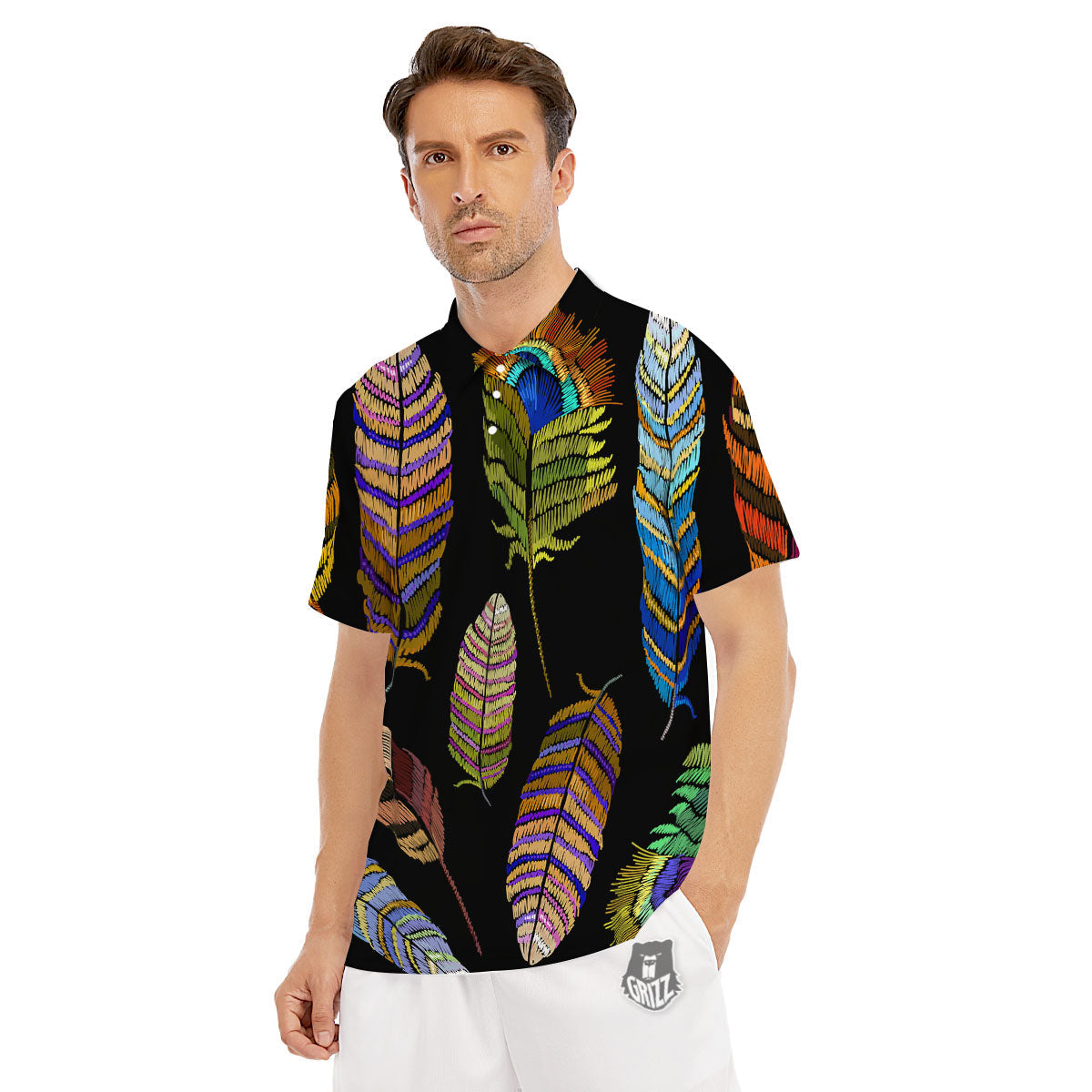 Feather Embroidery Peacock Print Men's Golf Shirts-grizzshop