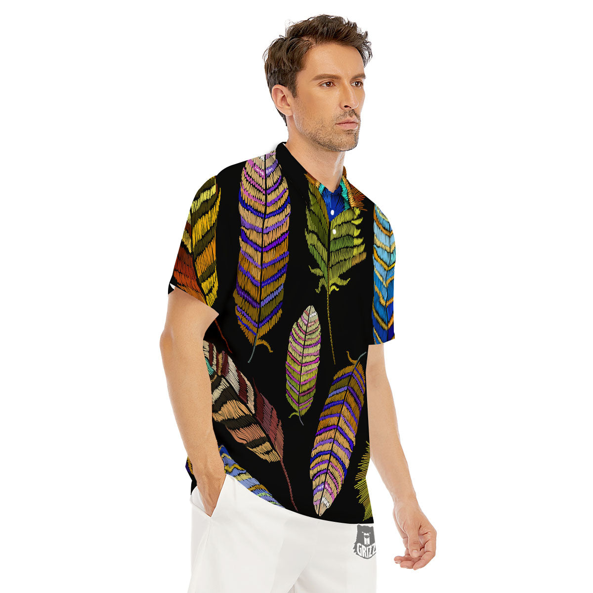 Feather Embroidery Peacock Print Men's Golf Shirts-grizzshop