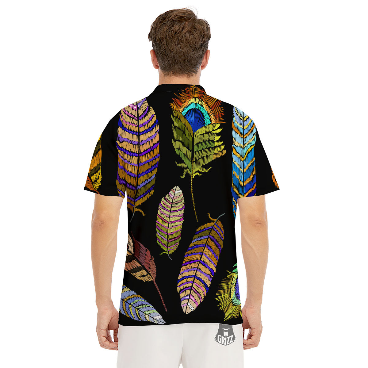 Feather Embroidery Peacock Print Men's Golf Shirts-grizzshop