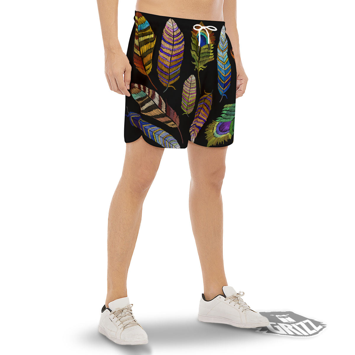 Feather Embroidery Peacock Print Men's Gym Shorts-grizzshop