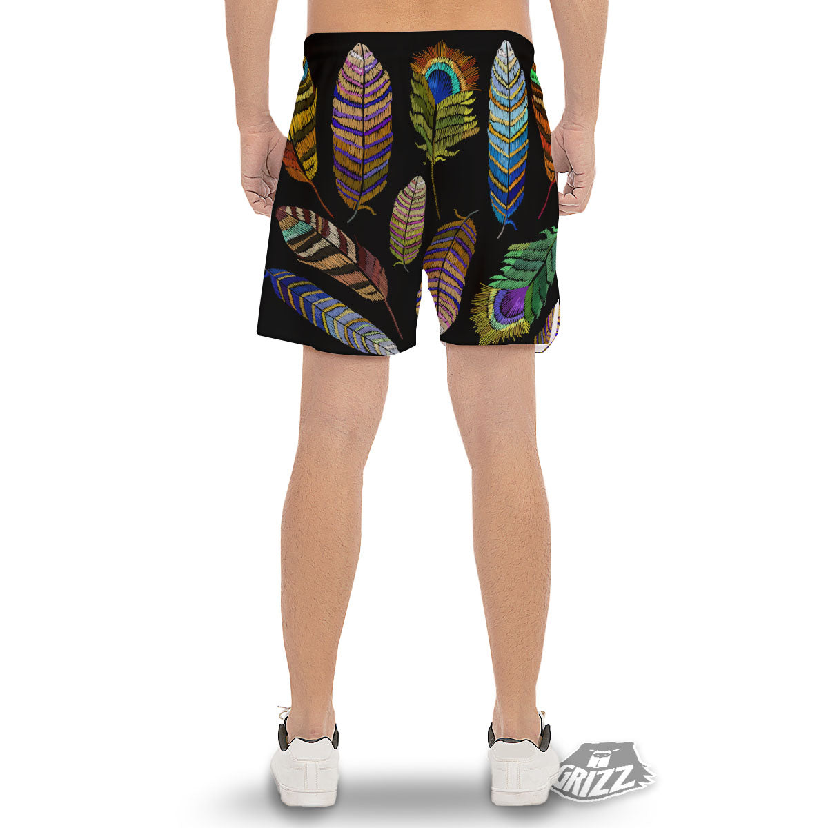Feather Embroidery Peacock Print Men's Gym Shorts-grizzshop