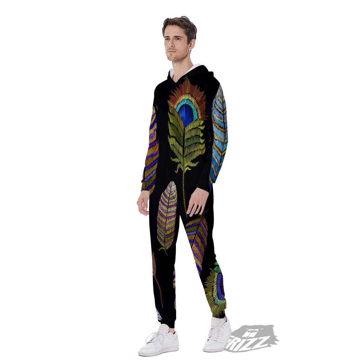 Feather Embroidery Peacock Print Men's Jumpsuit-grizzshop