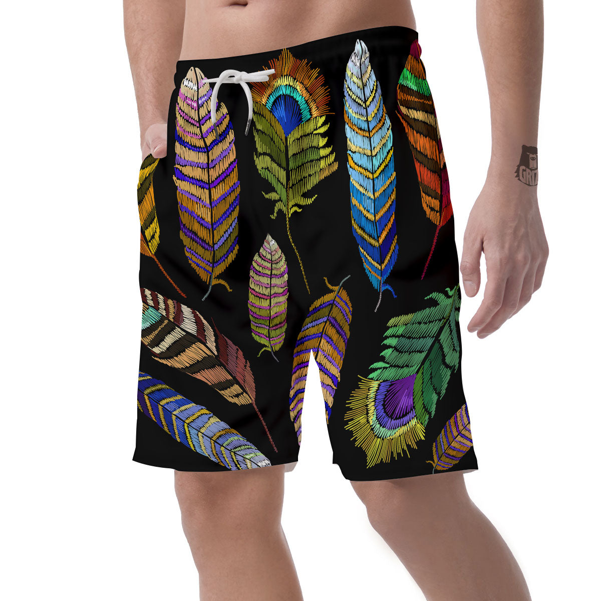 Feather Embroidery Peacock Print Men's Shorts-grizzshop