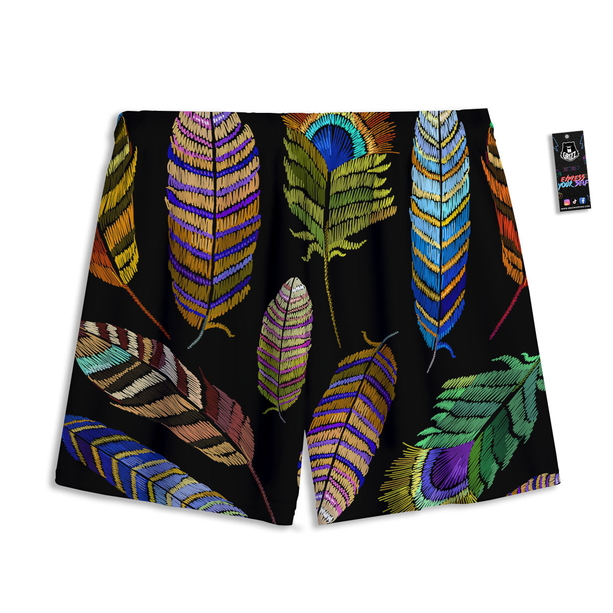 Feather Embroidery Peacock Print Mesh Shorts