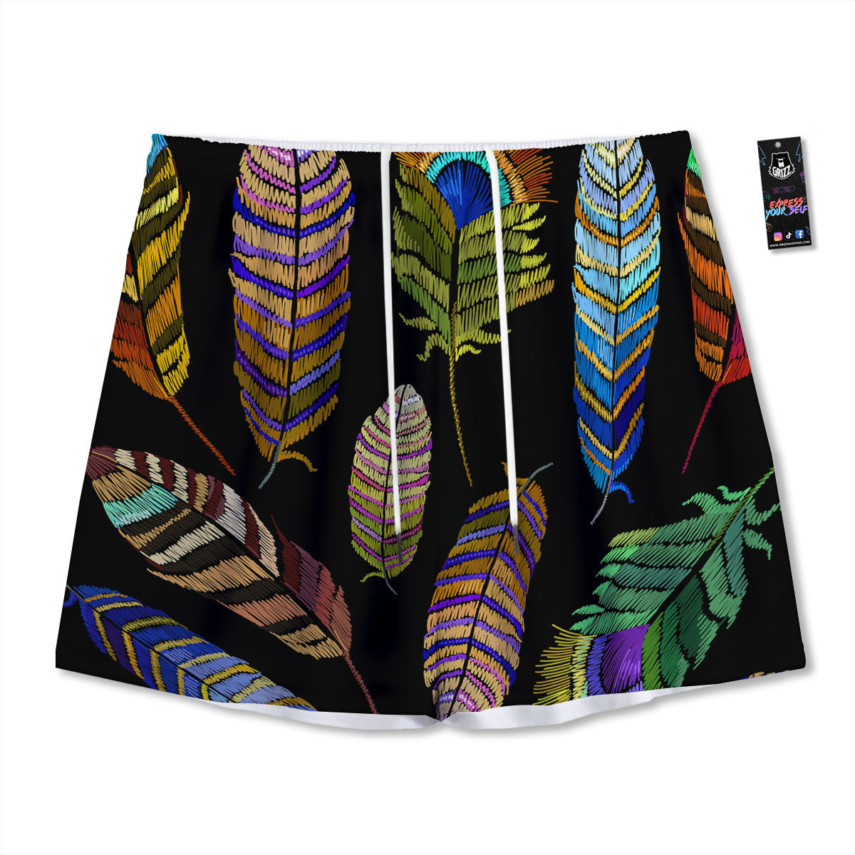 Feather Embroidery Peacock Print Mesh Shorts