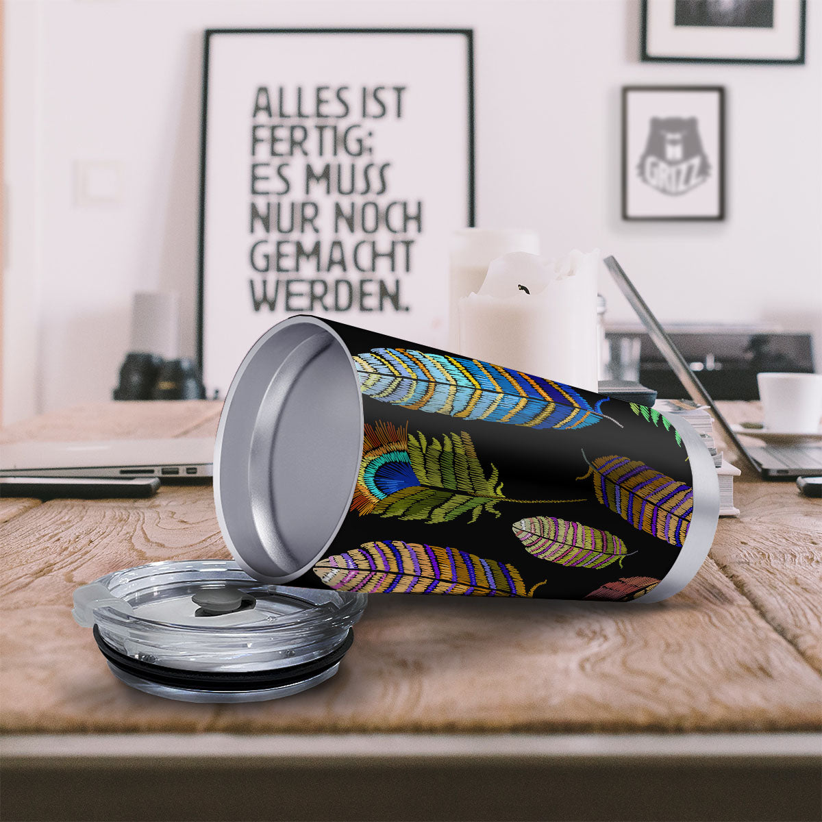 Feather Embroidery Peacock Print Tumbler-grizzshop