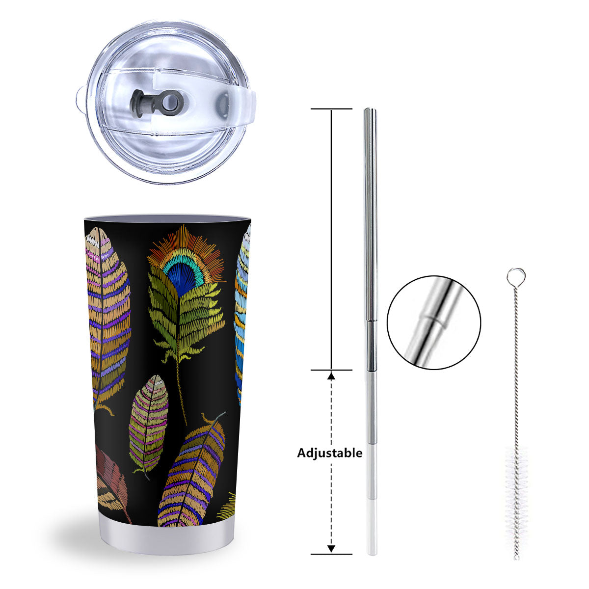 Feather Embroidery Peacock Print Tumbler-grizzshop