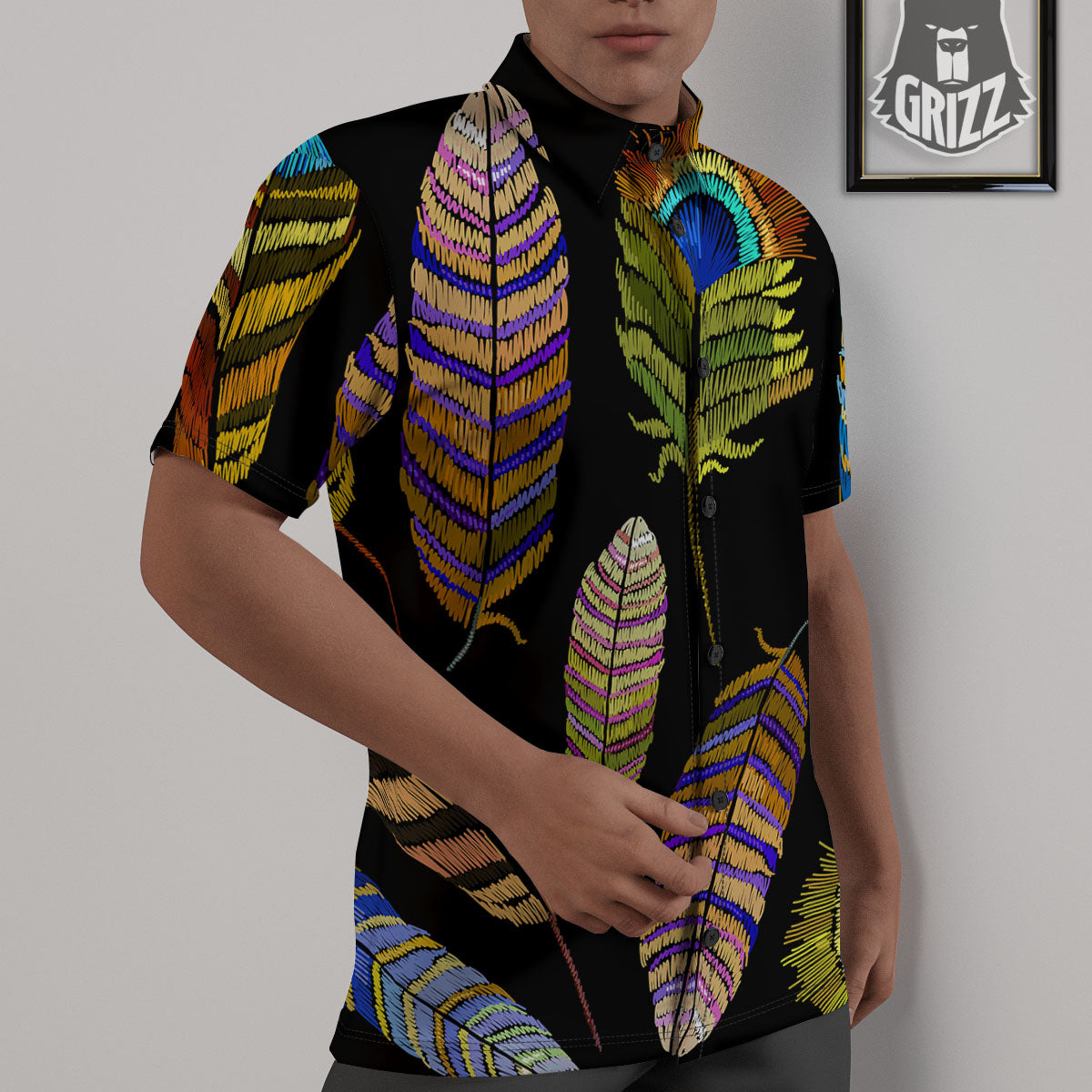 Feather Embroidery Peacock Print Untucked Shirts-grizzshop