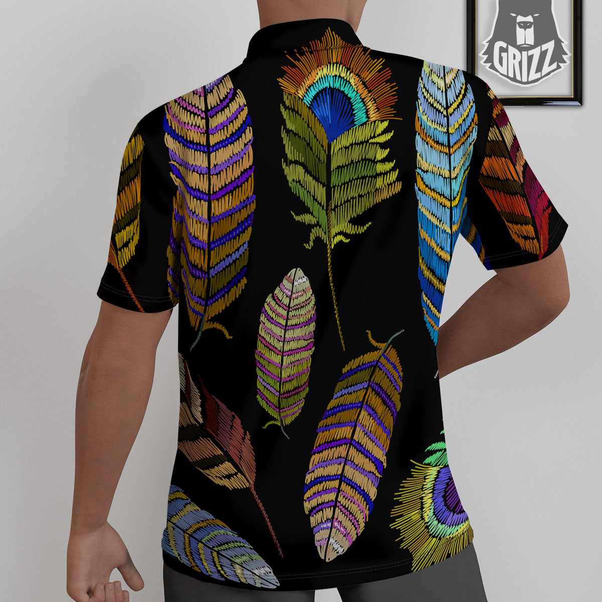 Feather Embroidery Peacock Print Untucked Shirts-grizzshop