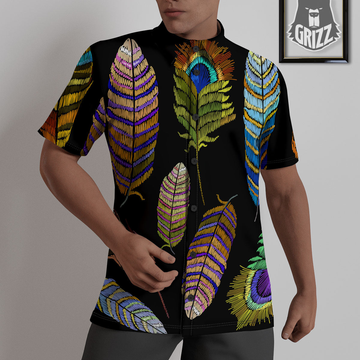 Feather Embroidery Peacock Print Untucked Shirts-grizzshop