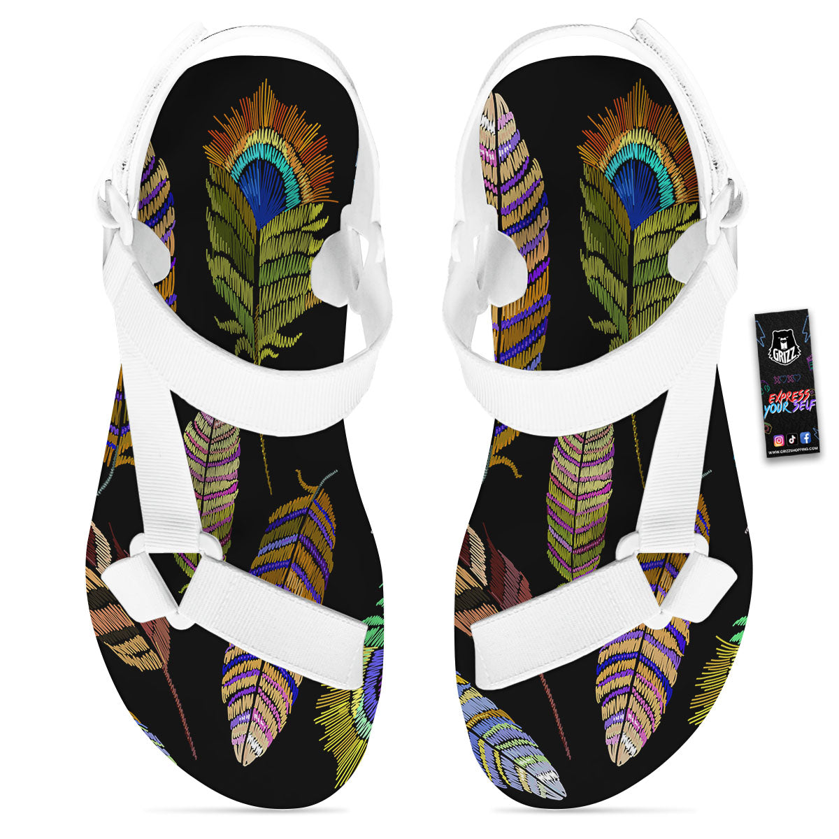 Feather Embroidery Peacock Print White Open Toe Sandals-grizzshop