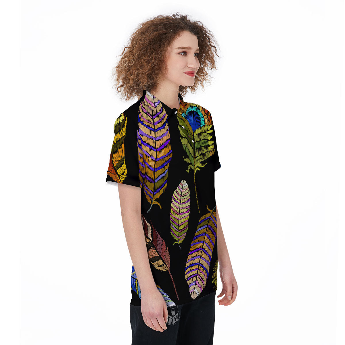 Feather Embroidery Peacock Print Women's Golf Shirts-grizzshop