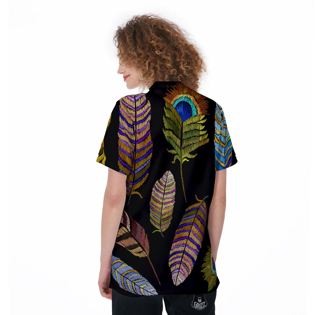 Feather Embroidery Peacock Print Women's Golf Shirts-grizzshop